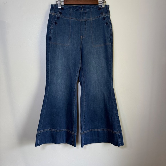 Chico's Denim - Chico's Pull-On Flare Sailor Button Wide Leg Jeans Size 8P Dark Wash Blue